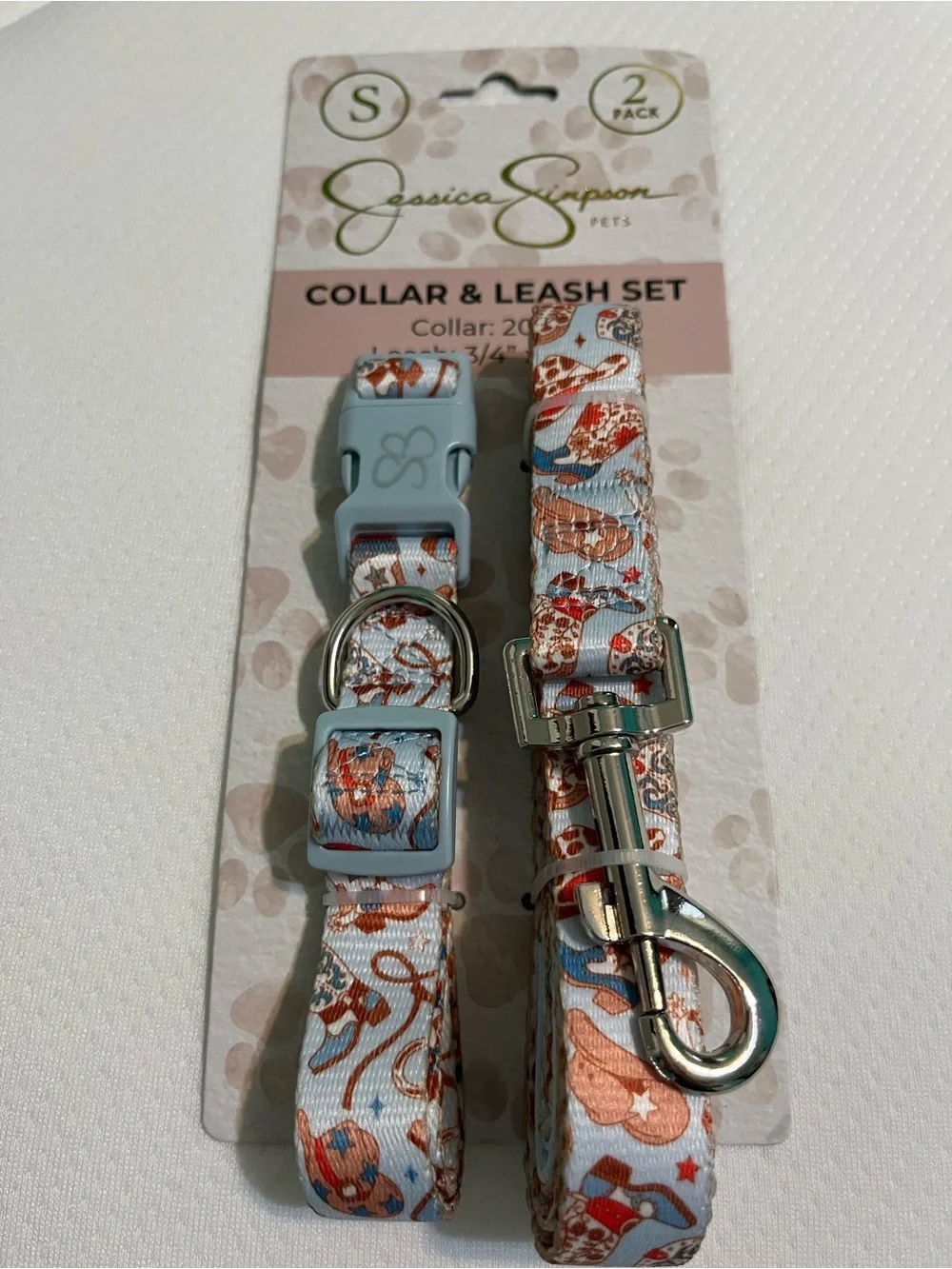 Dog Light Blue Cowboy Print Collar & Leash Set NWT